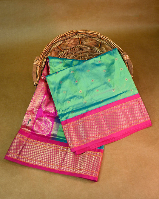 Pista Green With Pink Contrast Pure Silk Kadiyal Paithani Saree