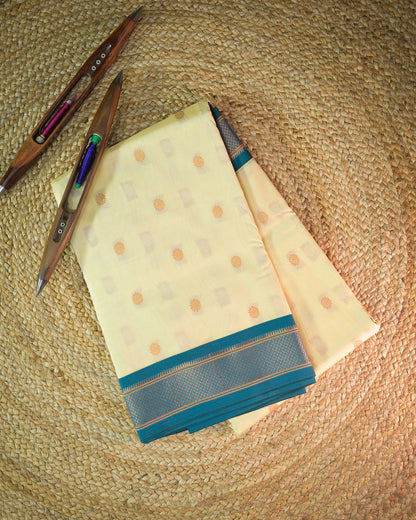 Tusser Semi Paithani Silk Saree with Blue Contrast & Woven Chunri Buttis