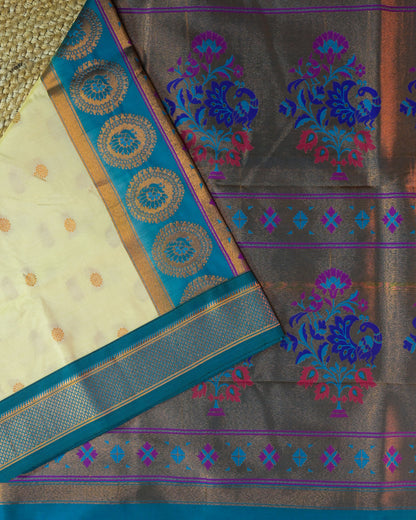 Tusser Semi Paithani Silk Saree with Blue Contrast & Woven Chunri Buttis