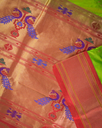 Parrot green Silk Paithanis Woven paithani with red contrast