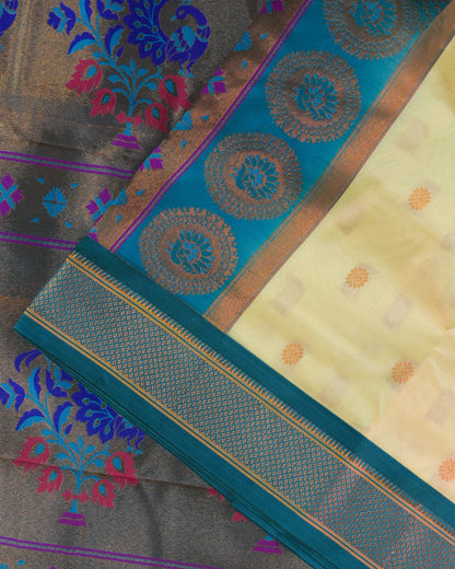 Tusser Semi Paithani Silk Saree with Blue Contrast & Woven Chunri Buttis
