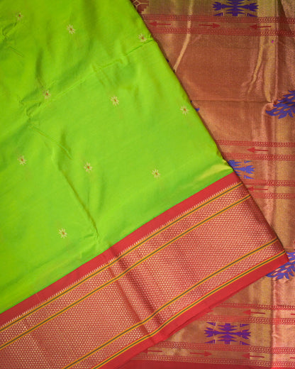 Parrot green Silk Paithanis Woven paithani with red contrast