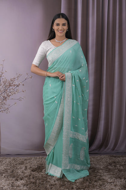 Georgette Woven Silver Jari Buttis All Over