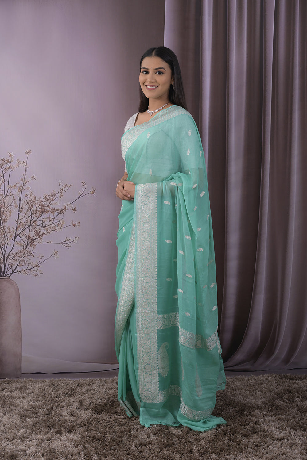 Georgette Woven Silver Jari Buttis All Over