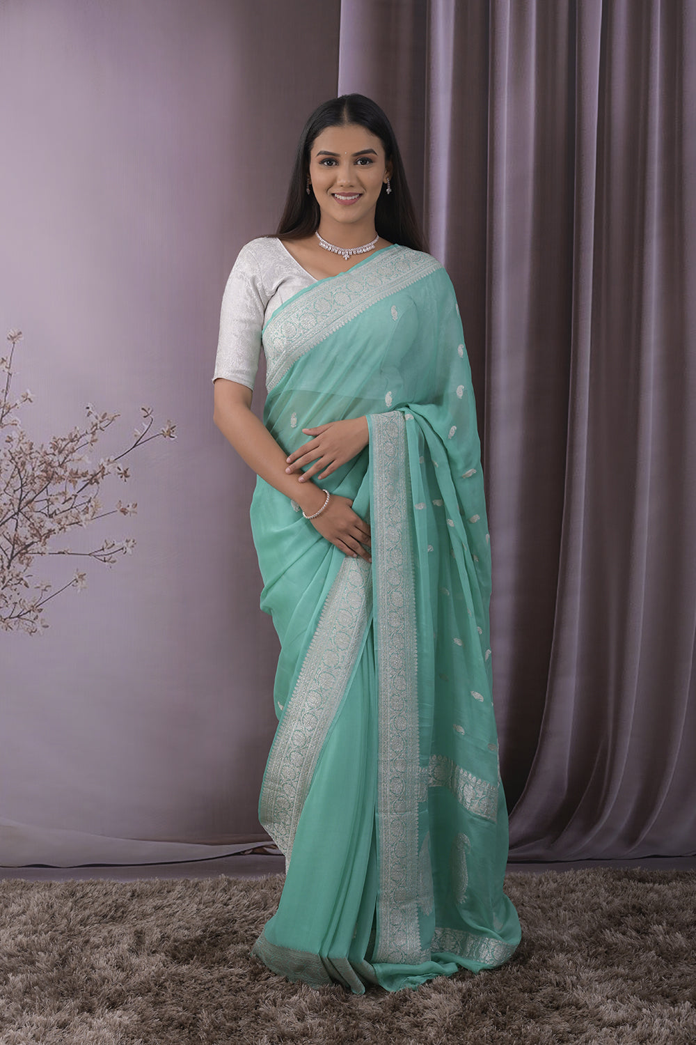 Georgette Woven Silver Jari Buttis All Over