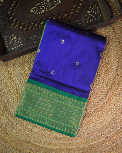 Royal blue Silk Paithanis Woven paithani with green contrast