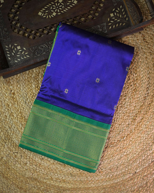 Royal blue Silk Paithanis Woven paithani with green contrast