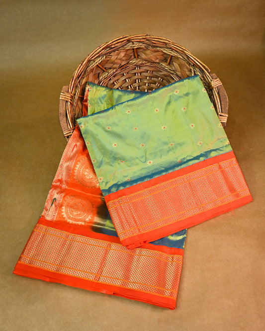 Cross Peacock Green With Orange Contrast Pure Silk Kadiyal Paithani Saree