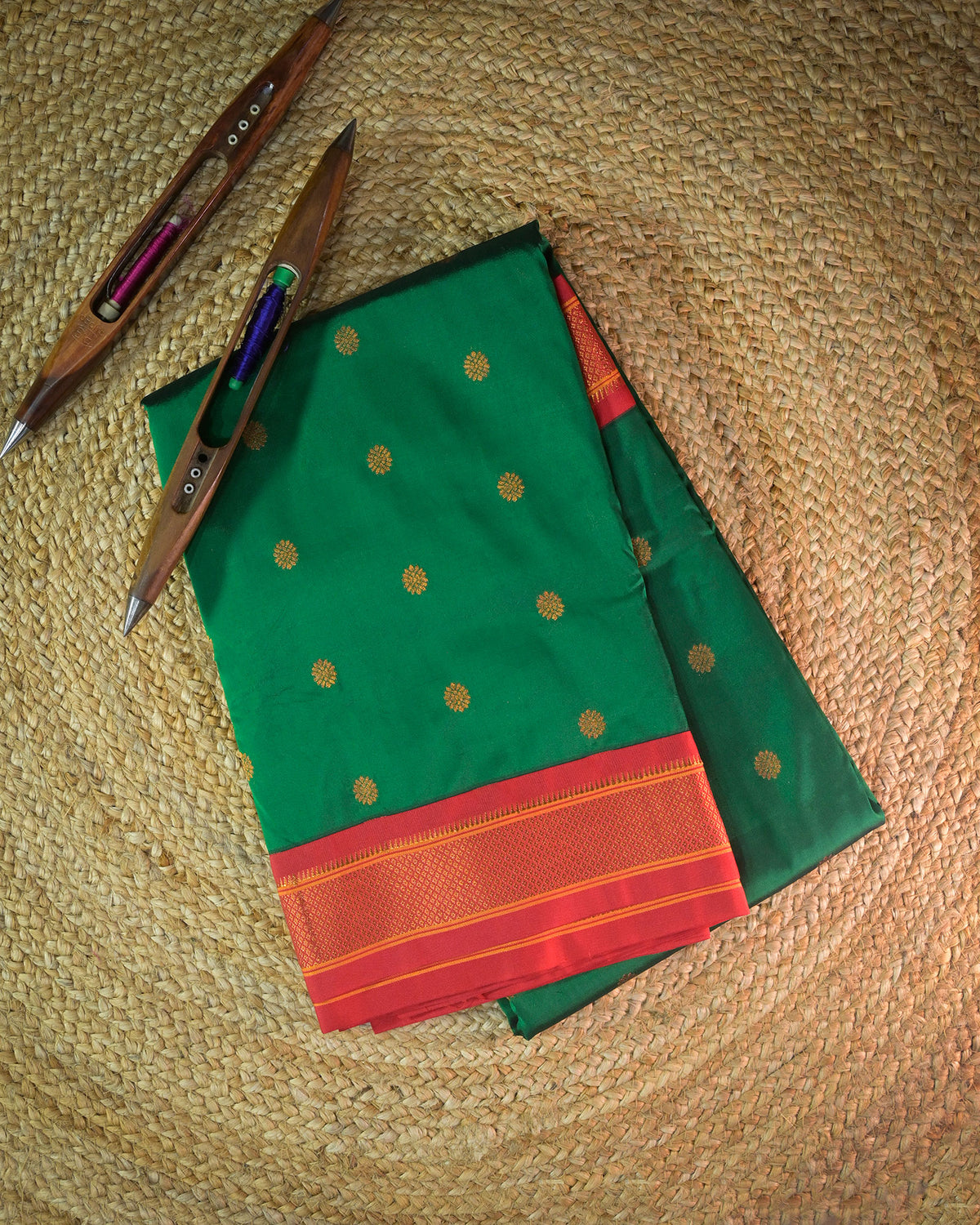 Bottle Green Semi Paithani Silk Saree with Red Contrast & Woven Chunri Buttis