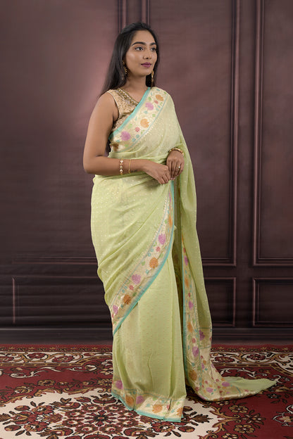 Georgette Woven Gold Jari Buttis With Lotus Border