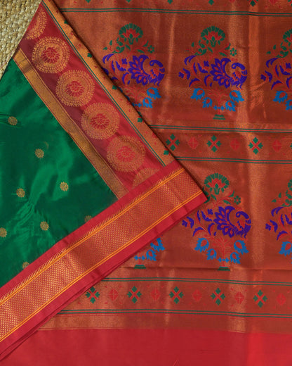 Bottle Green Semi Paithani Silk Saree with Red Contrast & Woven Chunri Buttis