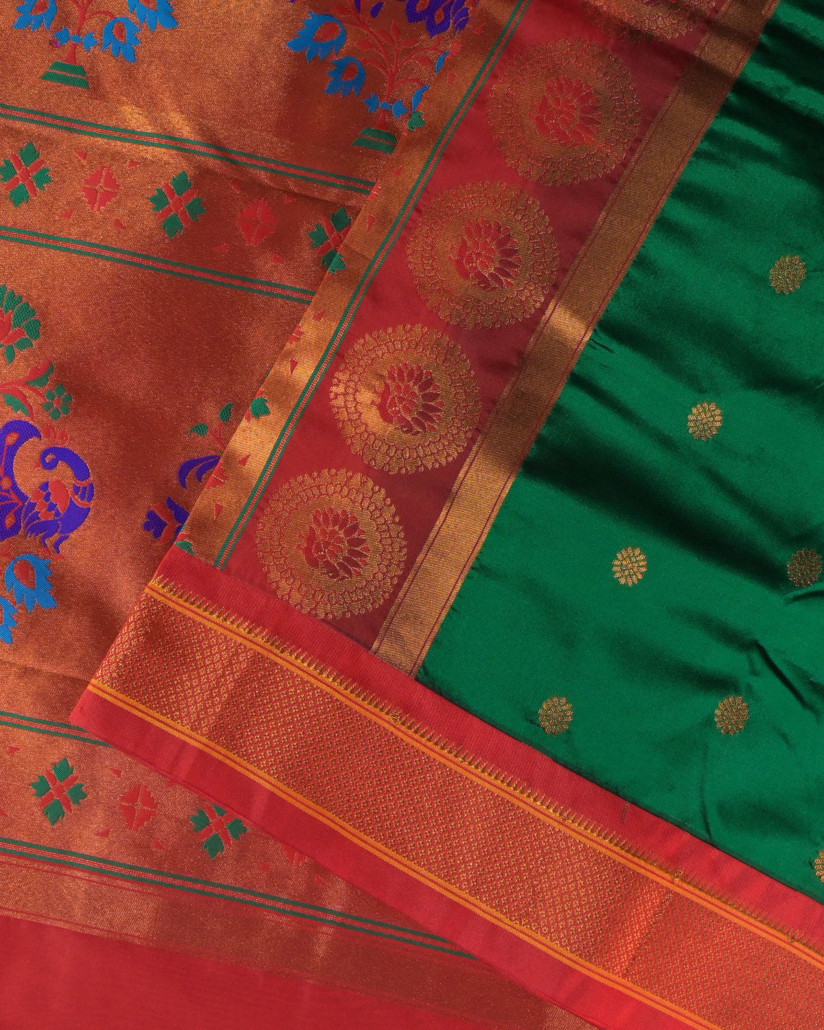 Bottle Green Semi Paithani Silk Saree with Red Contrast & Woven Chunri Buttis