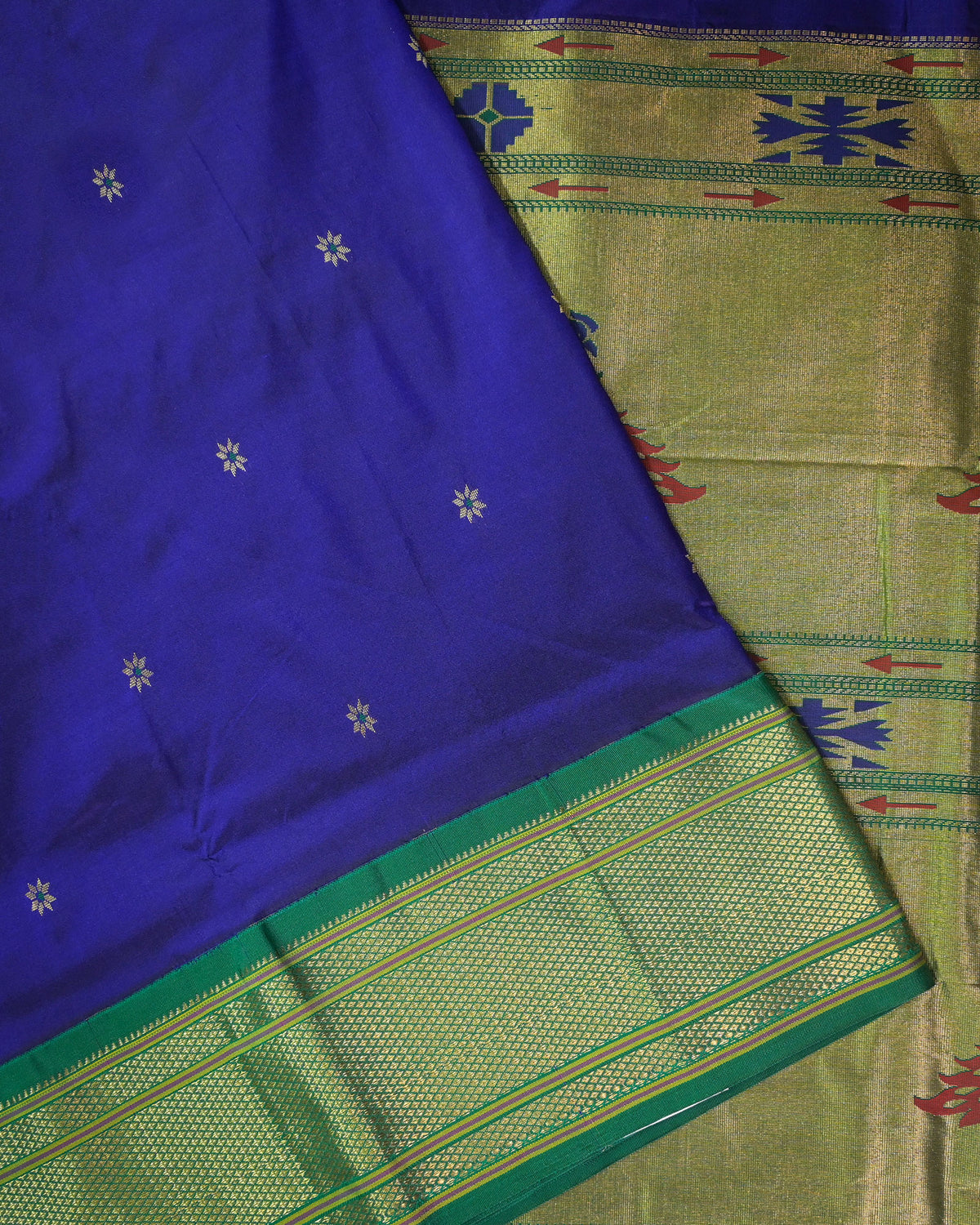 Royal blue Silk Paithanis Woven paithani with green contrast