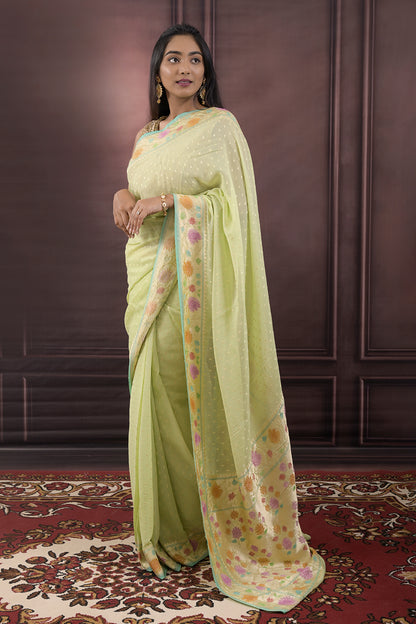 Georgette Woven Gold Jari Buttis With Lotus Border