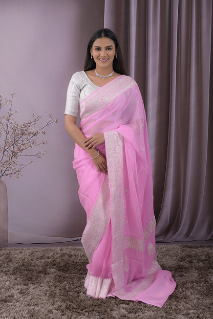 Georgette Woven Silver Jari Buttis All Over