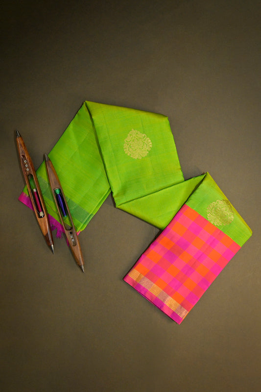Soft Silk Woven Jari Motifs With Chex Multicoloured Border