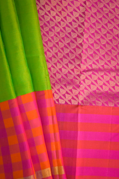 Soft Silk Woven Jari Motifs With Chex Multicoloured Border