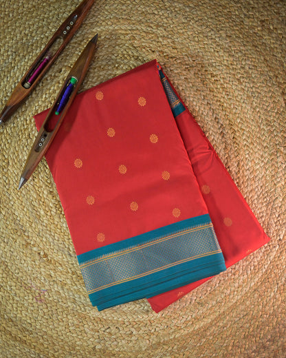 Red Semi Paithani Silk Saree with Blue Contrast & Woven Chunri Buttis