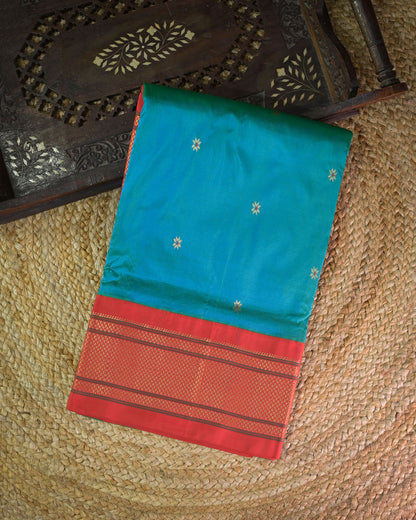 Morepanki blue Silk Paithanis Woven paithani with red contrast