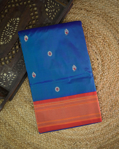 Rama blue Silk Paithani Woven paithani with red contrast