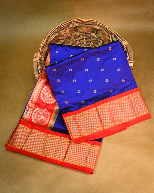Royal Blue With Red Contrast Pure Silk Kadiyal Paithani Saree