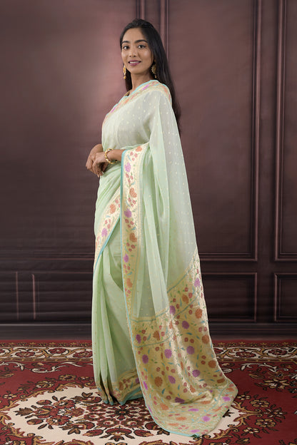 Georgette Woven Gold Jari Buttis With Lotus Border