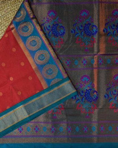Red Semi Paithani Silk Saree with Blue Contrast & Woven Chunri Buttis