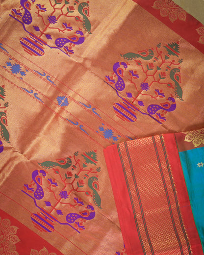 Morepanki blue Silk Paithanis Woven paithani with red contrast