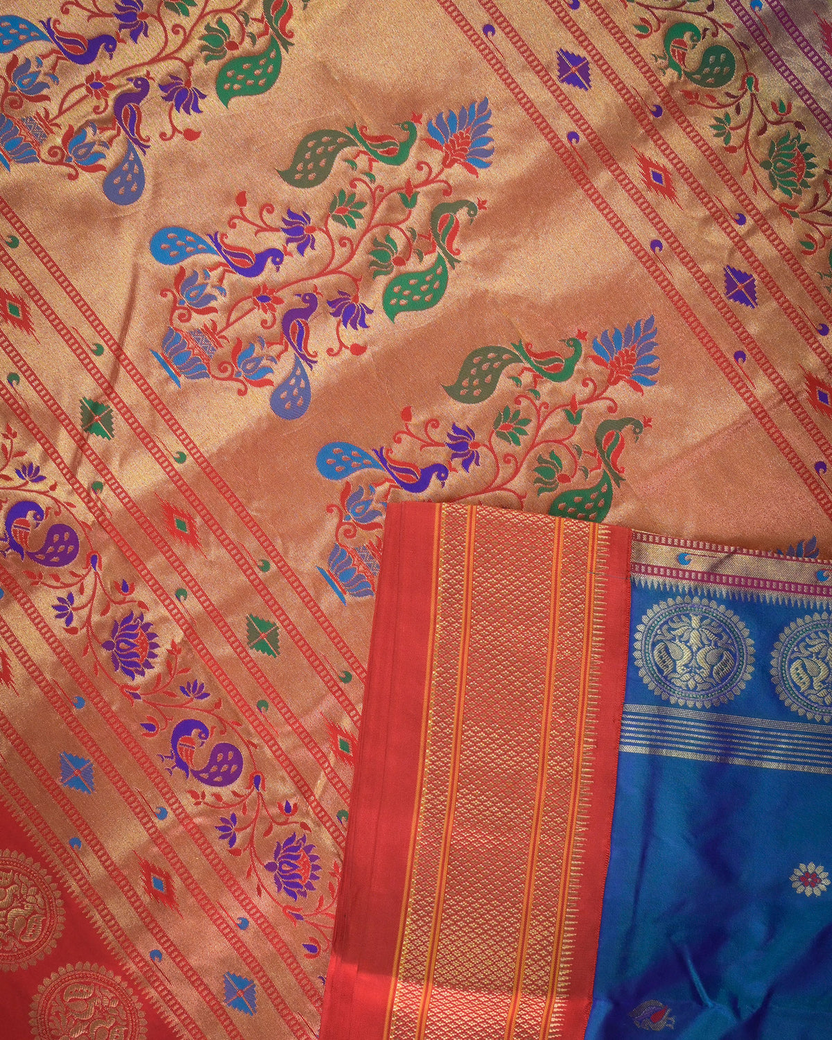 Rama blue Silk Paithani Woven paithani with red contrast
