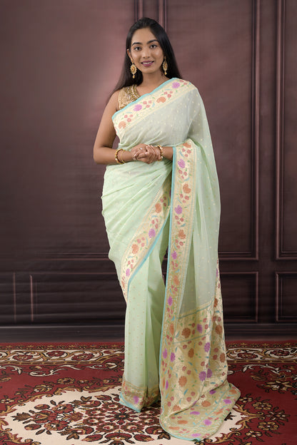 Georgette Woven Gold Jari Buttis With Lotus Border