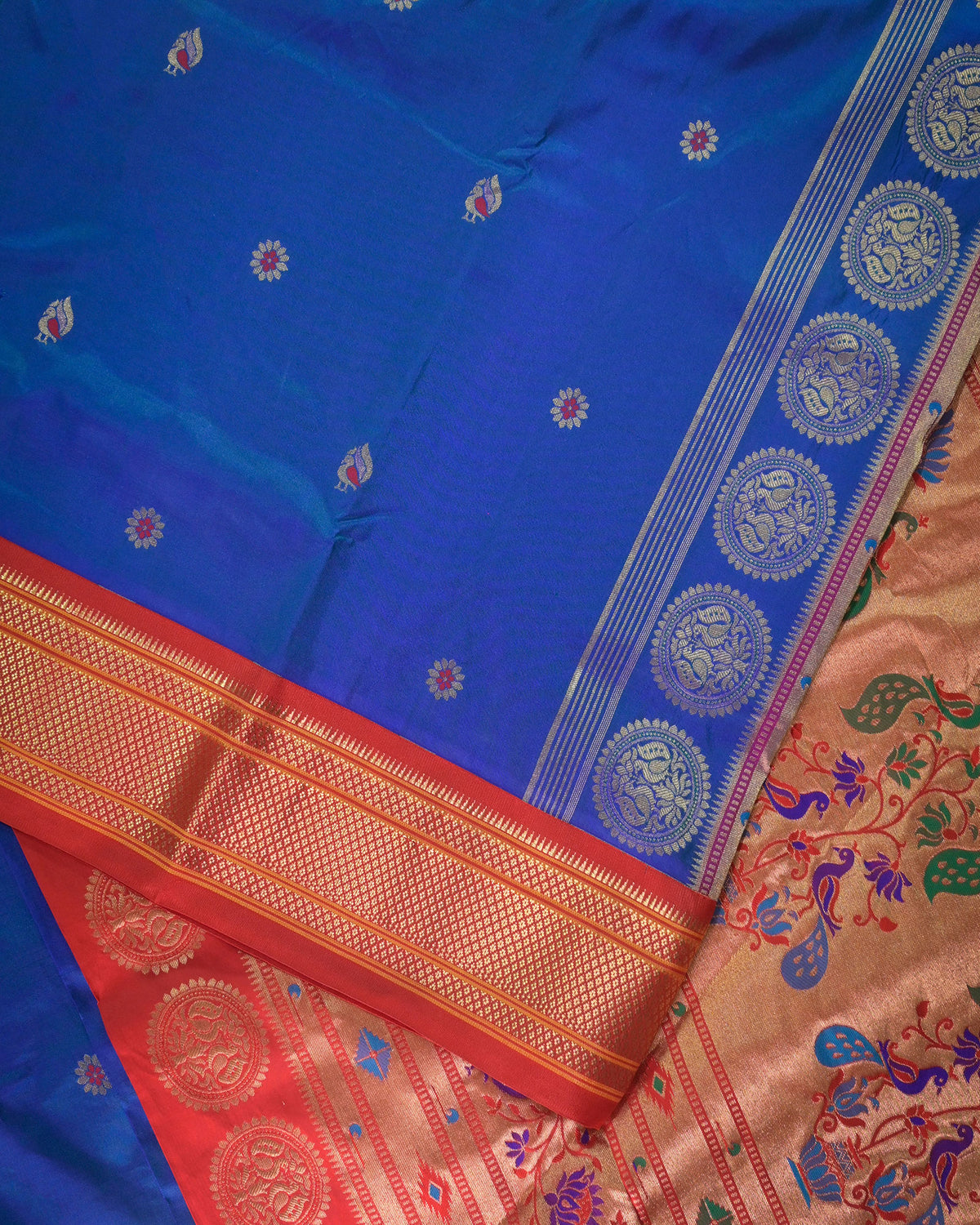Rama blue Silk Paithani Woven paithani with red contrast