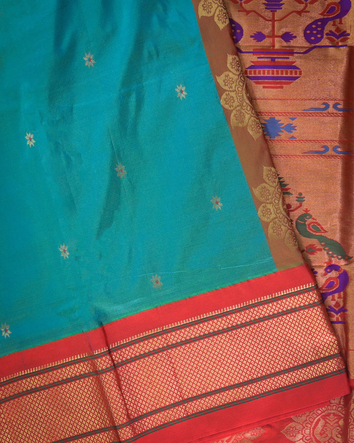 Morepanki blue Silk Paithanis Woven paithani with red contrast