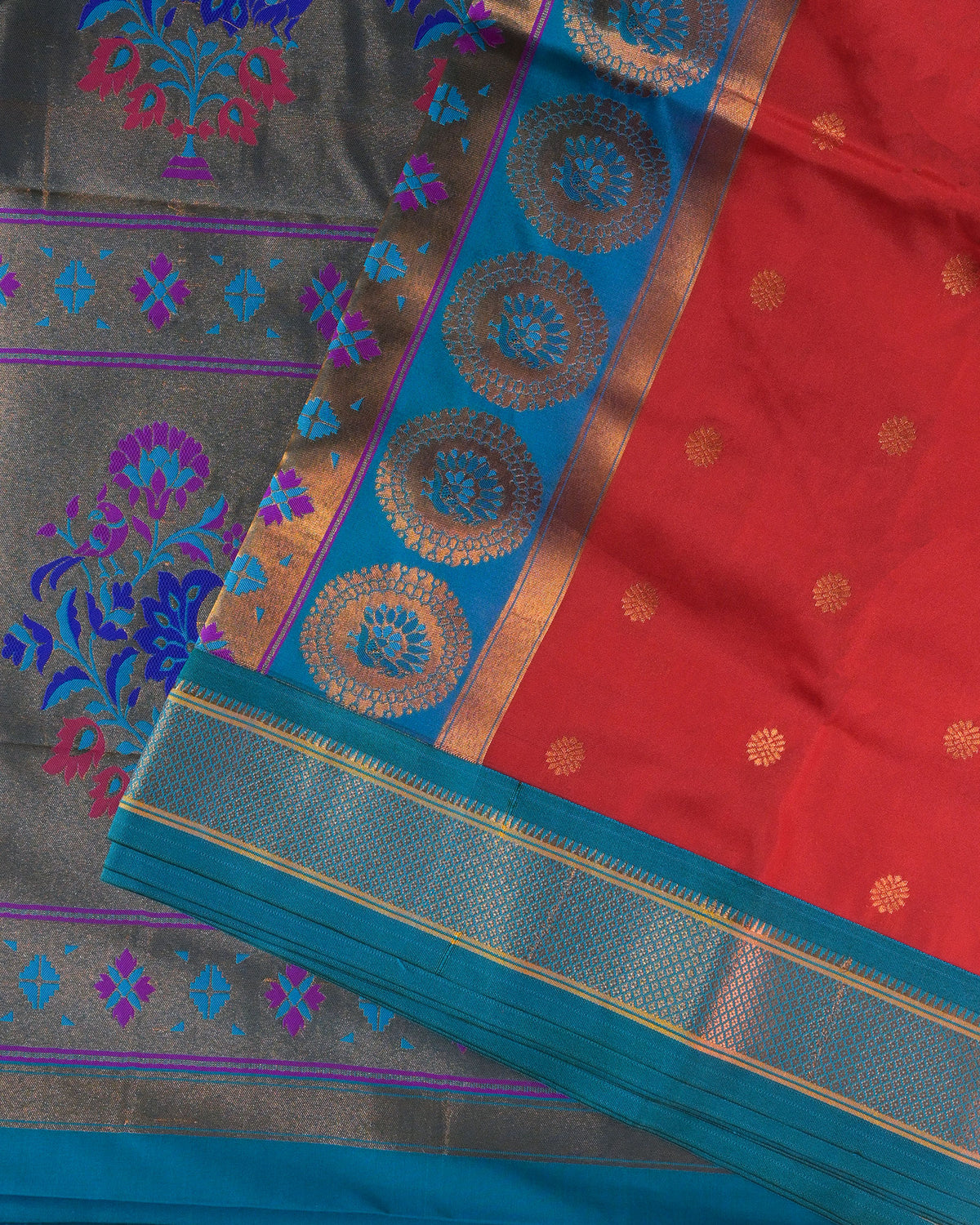 Red Semi Paithani Silk Saree with Blue Contrast & Woven Chunri Buttis