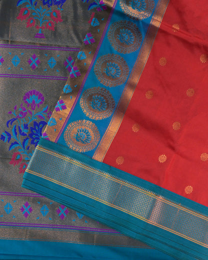 Red Semi Paithani Silk Saree with Blue Contrast & Woven Chunri Buttis