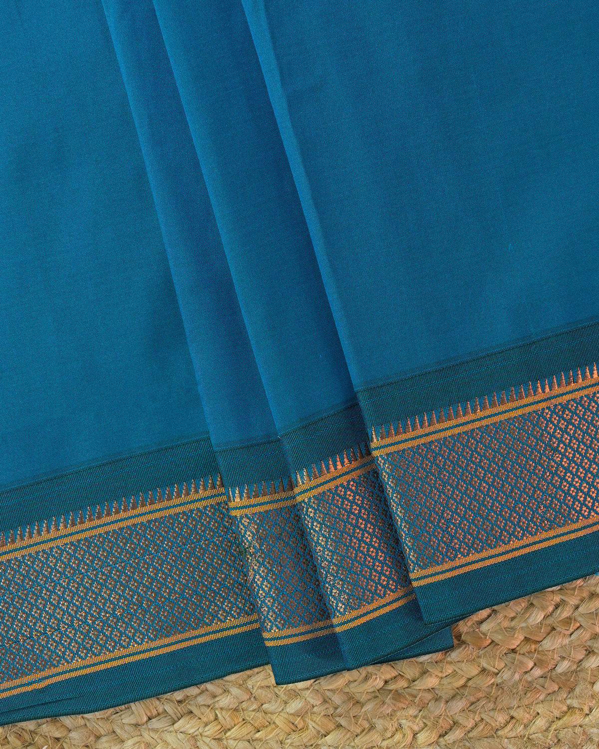 Red Semi Paithani Silk Saree with Blue Contrast & Woven Chunri Buttis