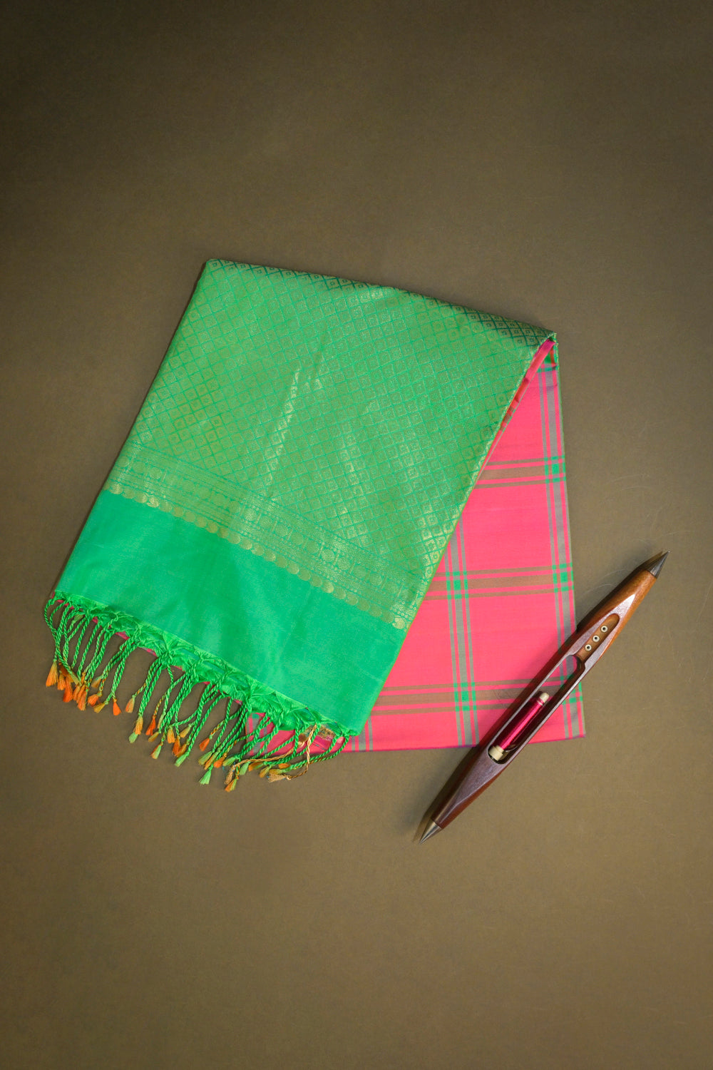 Soft Silk Woven Chex Pattern With Green Contrast