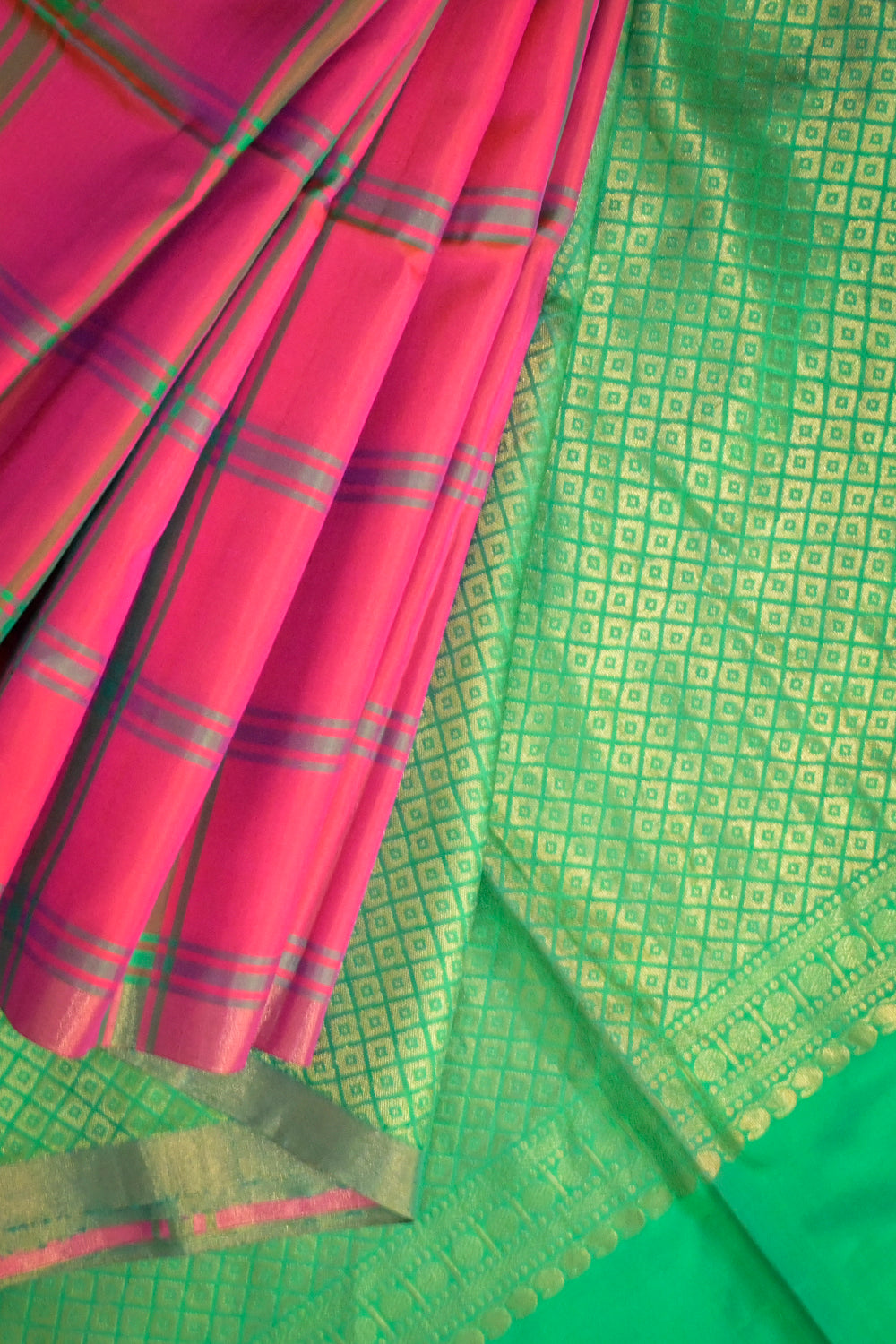 Soft Silk Woven Chex Pattern With Green Contrast