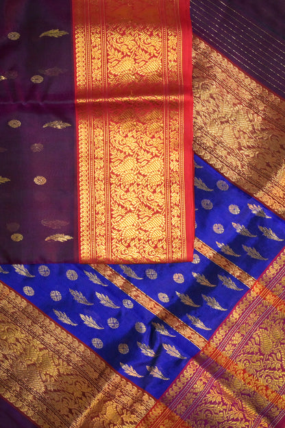 Chanderi Woven Leaf And Round Jari Motifs With Violet Contrast Pallu