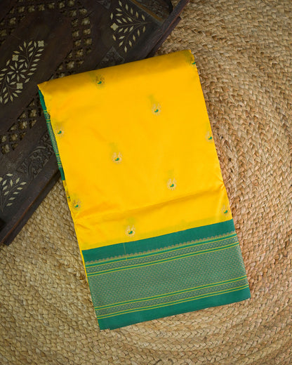 Lemon yellow Silk Paithani Woven paithani with green contrast