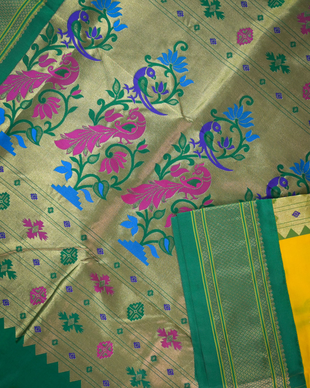 Lemon yellow Silk Paithani Woven paithani with green contrast