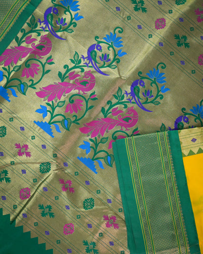 Lemon yellow Silk Paithani Woven paithani with green contrast