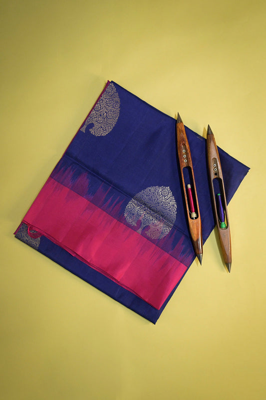 Soft Silk Plain Contrast Satin Border With Silver Jari Motifs