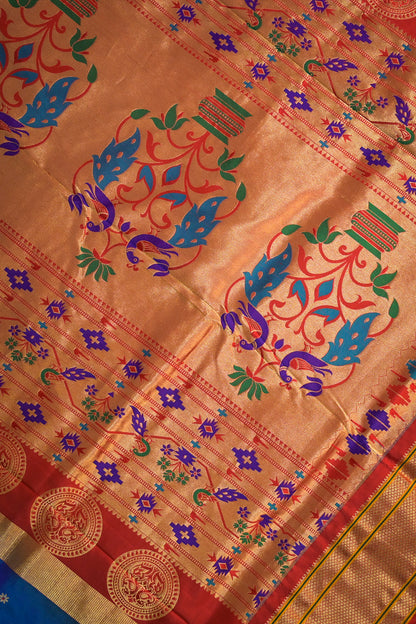 9yard Handwoven Pure Paithani With Meena Buttis And Red Contrast