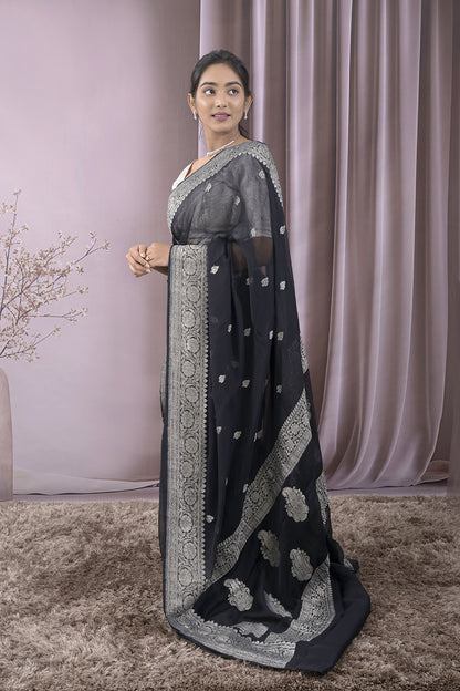 Georgette Woven Silver Jari Buttis All Over
