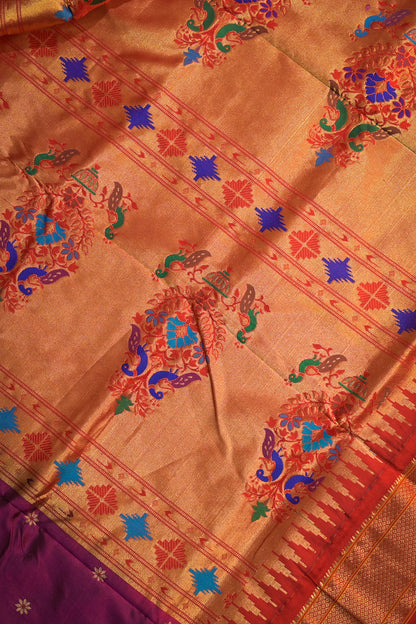 9yard Handwoven Pure Paithani With Meena Buttis And Red Contrast