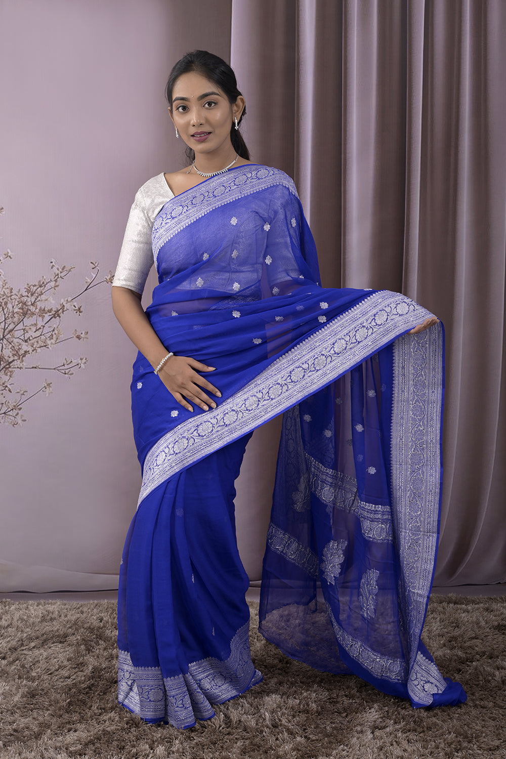 Georgette Woven Silver Jari Buttis All Over