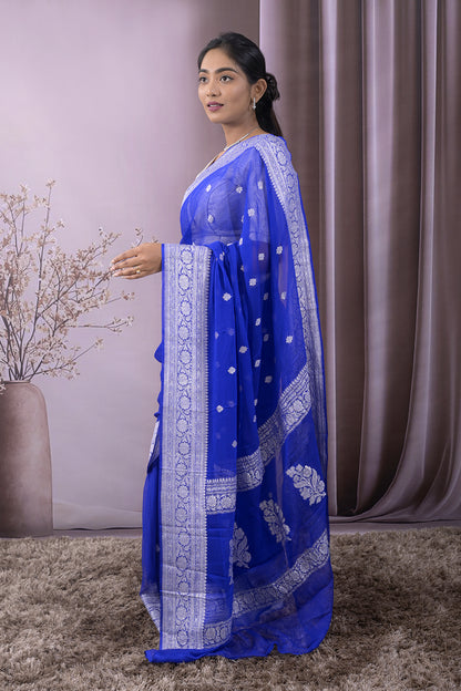 Georgette Woven Silver Jari Buttis All Over