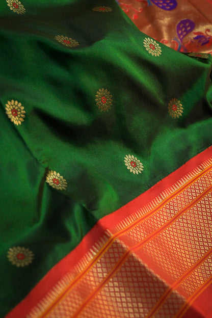 9yard Handwoven Pure Paithani With Chakra Meena Buttis And Red Contrast