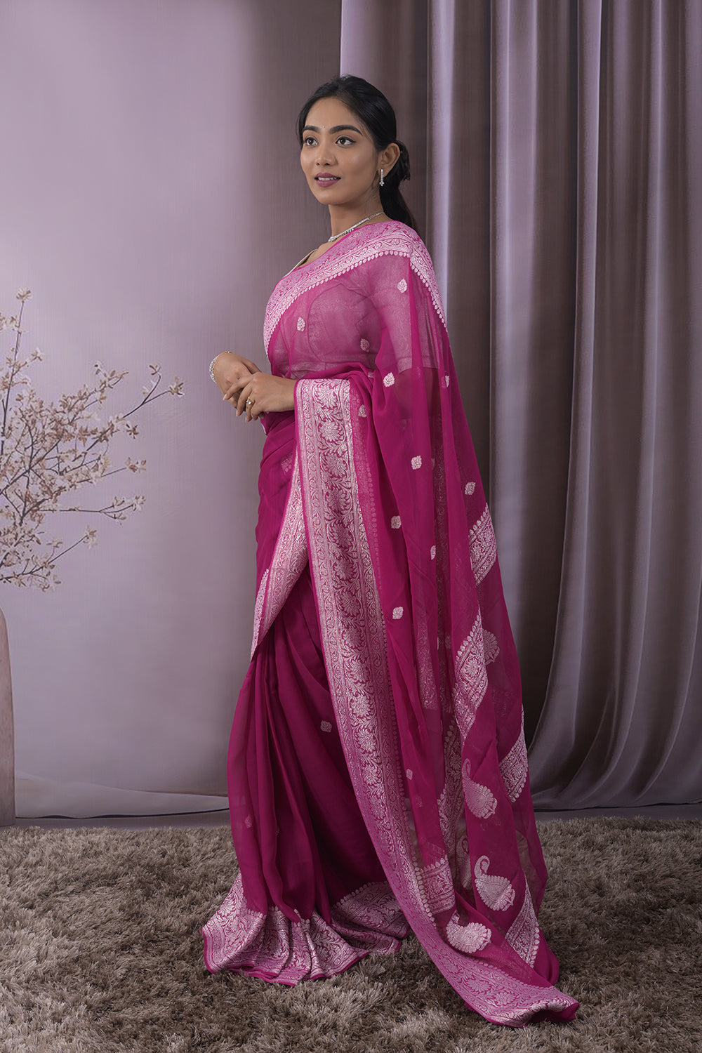 Georgette Woven Silver Jari Buttis All Over