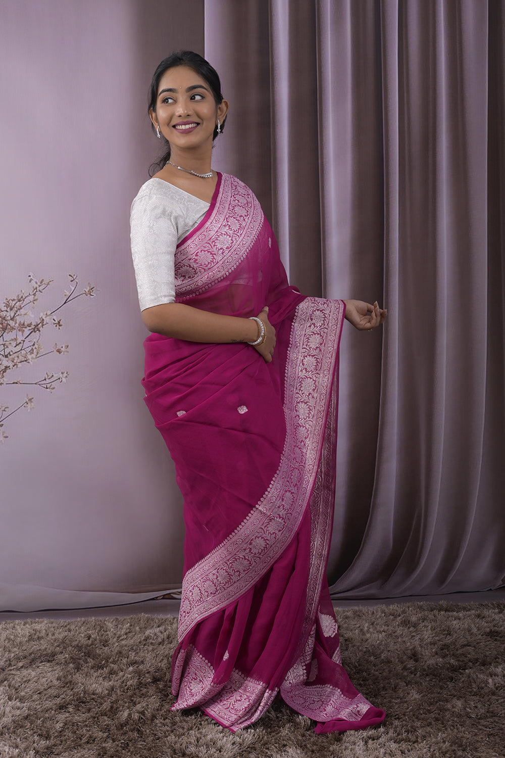 Georgette Woven Silver Jari Buttis All Over